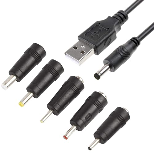USB to DC Cable,1m Universal 5V USB Power Chager Cord DC 5.5 X 2.1mm Plug Adapter with 2.5x0.7mm, 3.5x1.35mm, 4.0x1.7mm, 5.5x2.5mm, 3.0x1.0mm Connectors Compatible for Laptops, Router, Keyboard