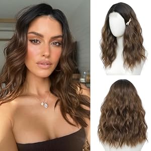 Braune Ombre Perücke 18 Inch Mittellange Perücken für Frauen Mittelteil Kunsthaar Wellige Perücke mit verbesserten Strähnen, Naturhaar für den täglichen Party/Halloween