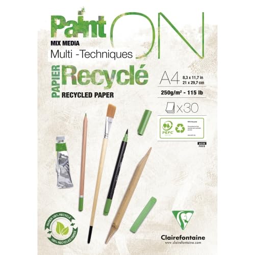 Lot de 4 Bloc encollé de 30 feuilles de papier Paint ON Mix Media Recyclé, 250 g/m², A4