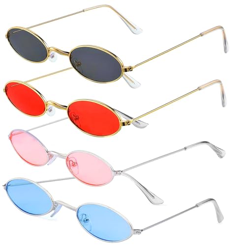 Dtoterul - Dtoterul 4 Paires Lunettes de Soleil Ovales Rétro, Lunettes de Soleil Femme Rétro Vintage, Mini Lunettes de Soleil d'Été, Rétro Hippie Lunettes Cadre en Métal, Pour Voyage, Selfie, Plage, Le Sport