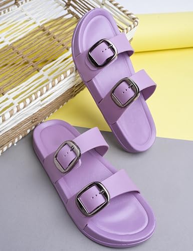 Image of Creattoes Women & Girls Comfort Slide Sandals | Triple Buckle Slip-On Flats | Soft Cushioned Anti-Skid Sole for Casual Wear | CR82