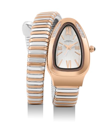 Image of French Connection Eternelle Curve | Silver Dial with Rose Gold Case | Flexible Wrap Bracelet Strap | Crystal Accent Design | Roman Numerals Analog Watch for Women - FCN0142SRTM