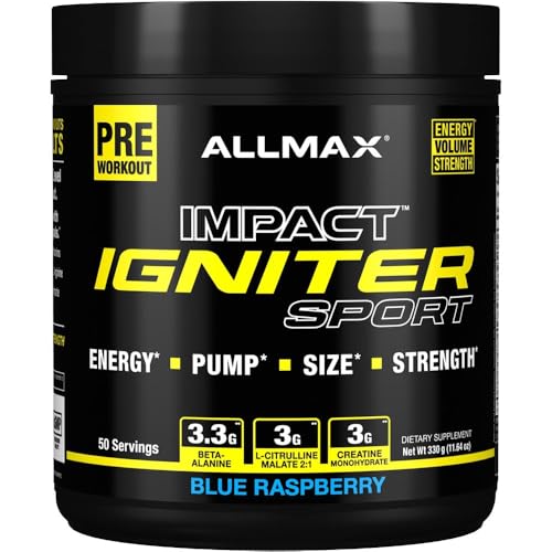 Image of ALLMAX IGNITER Sport, Blue Raspberry - 330 g - Pre-Workout Formula - with Caffeine, L-Citrulline, L-Arginine, Creatine & Beta Alanine - Up to 50 Servings