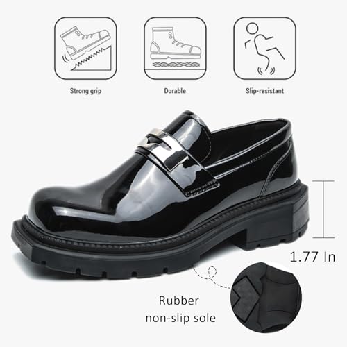 Men's Patent Leather Square Toe Platform Loafers Classic Slip-on Comfort Anti-Slip Lug Sole Low Chunky Heel Gothic Loafers for Business Work Driving Dress Casual Shoes3