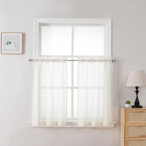 Image of OWENIE Natural Linen Blend Sheer Curtains 36 Inch Length 2 Panel Set for Kitchen Window, Light Filtering Small Cafe Curtains, 42 W x 36 L, 2Pcs, Natural