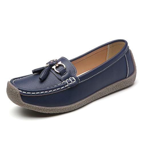 Image of Women's Faux Leather Flat Loafers Classic Casual Comfort Slip-On Shoes Soft Sole Dress Shoes(Navy,Size 9)
