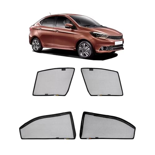 Image of Amazon Basics Side Window Sun Shade for Tata Tigor (2017 Onwards) - Front Half Cut + Rear Zipper | Custom-Fit Magnetic Car Curtains | Black | Pack of 4 Pcs | Cotton Mesh