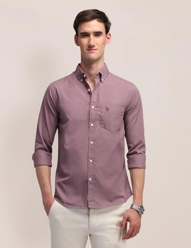 Image of U.S. Polo ASSN. Solid Slim Fit Shirts for Men - 100% Cotton, Full Sleeve Mens Casual Shirts