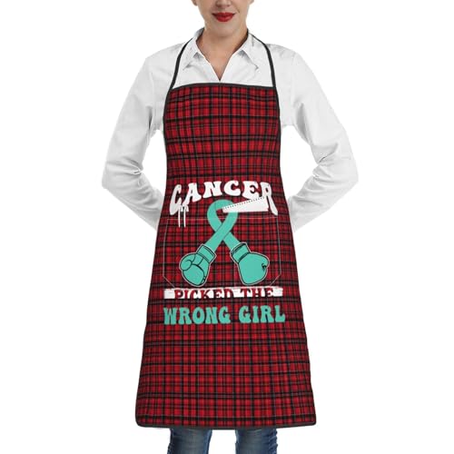 nopicsn Cancer Picked The Wrong Girl Ovarian Cancer Apron for cooking with Pockets Women Men Kitchen Chef Funny Aprons