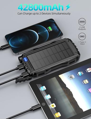 Power-Bank-Solar-Charger - 42800mAh Portable Charger,Solar Power Bank,External Battery Pack 5V3.1A Qc 3.0 Fast Charger Built-in Super Bright Flashlight (Deep Black) - Image 3