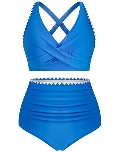 FemiChic Cosumi da Bagno per Donna Due Pezzi Bikini Set da Mare Curvy Sexy Beachwear Vita Alta Swimwear(Blu,L)