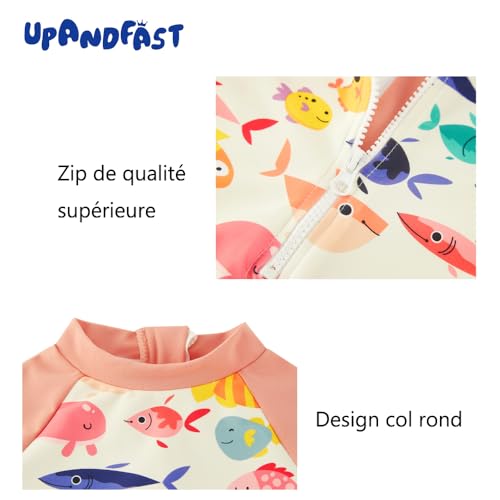 upandfast Maillot 1 pièce bébé Fille avec Fermeture éclair Maillot à Manches Longues et Chapeau Assorti avec Protection Solaire UPF 50+ (FR/ES, Âge, 6 Mois, 9 Mois, Orange Fish) – vue 5