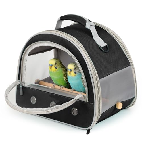 Image of Bird Carrier, Portable Small Bird Parrot Parakeet Carrier with Standing Perch and Stainless Steel Tray, Side Access Window Collapsible (Black, Horizontal Perch)