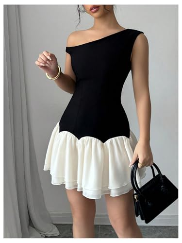 Image of Verdusa Women's Color Block Ruffle Off Shoulder Dress Drop Waist Layered Mesh Mini Dress
