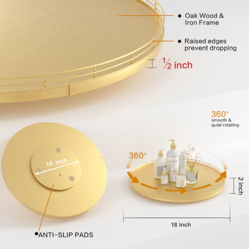 Image of Oroyutor 18-Inch Oak Lazy Susan Organizer with Gold Metal Rail