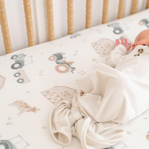 Image of Crane Baby Charlie Farmhouse Tractor Crib Fitted Sheet, 100% Cotton Baby Bed Sheets, Farm Nursery Decor, Crib Sheets for Boys, Baby Registry Gift, Tractor Nursery Decor