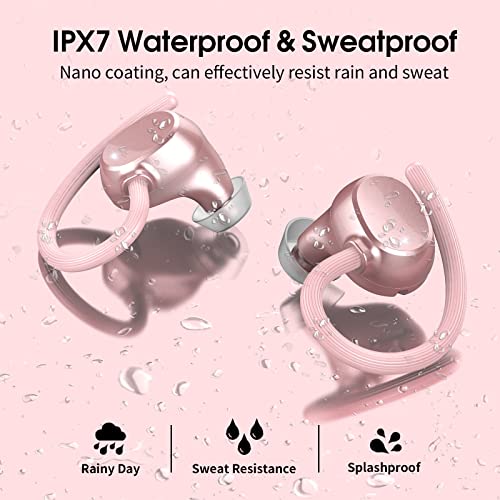 Image of Wireless Earbuds, HiFi Stereo Sport Bluetooth 5.3 Headphones with Earhooks, 48H Deep Bass in-Ear Headphones with LED Display, Noise Cancelling, IP7 Waterproof Earphones Built-in Mic for Running (Rose)