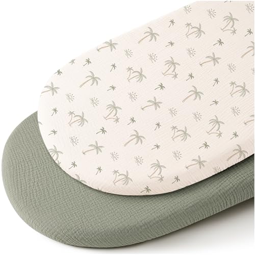 Image of Konssy Muslin Bassinet Sheets for Baby Girl Boy, 2 Pack Soft Breathable Baby Bassinet Mattress Sheets Fit for Hourglass Oval Cradle, Moses Basket Rectangle Mattress (Tree,Fog Green)