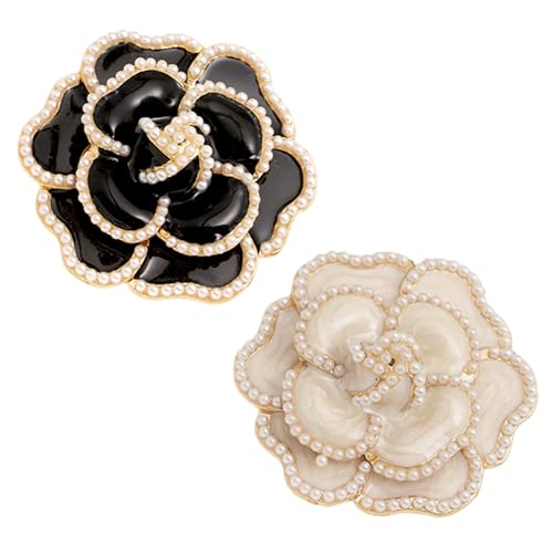Image of 2PCS Camellia Pearl Alloy Pin, Black and White Camellia Brooch and Pin, Elegance Flower Pearl Brooches Lapel Pins for Hats Scarf Tie Wreath Garments Decoration Accessories for Women