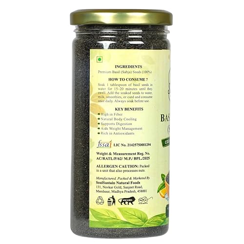Image of SoulSustain Basil Seeds Sabja Seeds 250 Gram for Drinks Falooda Detox Fiber Rich Tukmaria Seeds for Digestion Cooling Summer Drink Ingredient Natural Sweet Basil Seeds for Soaking Beverages.