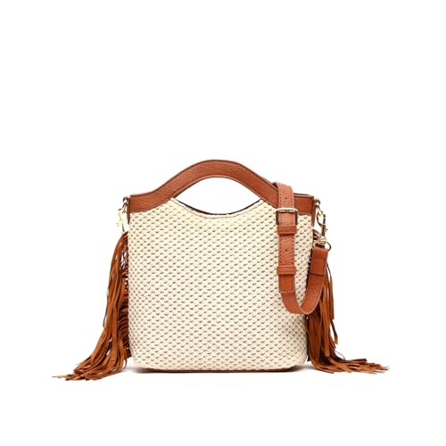 MISAKO Freca bolso de mano y bandolera pequeño efecto rafia con flecos Mujer - Freca Natural 26x19x7 cm MISAKO Freca bolso de mano y bandolera pequeño efecto rafia con flecos Mujer - Freca Natural 26x19x7 cm