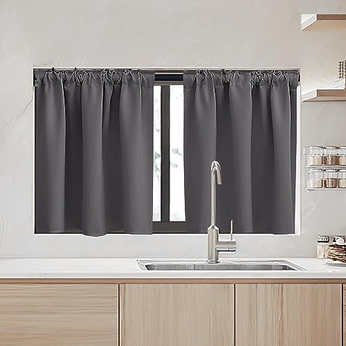 Image of RYB HOME Small Window Curtains - Blackout Insualting Privacy Curtains for Kids Bedroom Kitchen Bathroom Basement Cafe Cabinet Tiers Drapes, 34 Width x 30 Length, 2 Panels, Grey