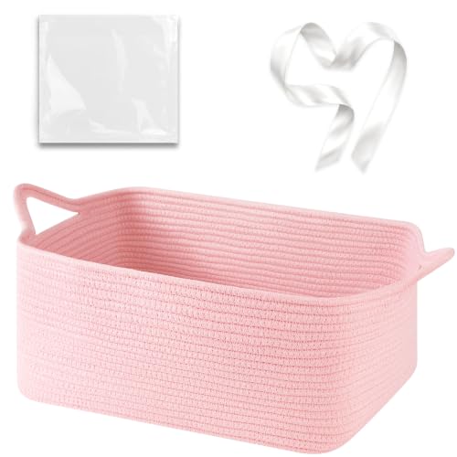 Image of OIASKET Large Empty Cotton Rope Gift Basket with Handles, 16.5 inchx12.6 inchx7 inch Decorative Woven Storage Basket with Gift Bag and Ribbon Set for Baby Shower, Toy Organizer for Kids, Dogs & Cats - Pink