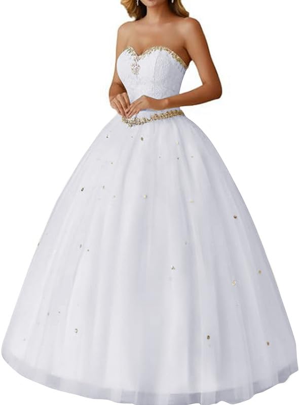 Image of Likedpage Strapless Ball Gown with Colorful Rhinestones, Lace Bodice Floor Length Wedding Prom Dress
