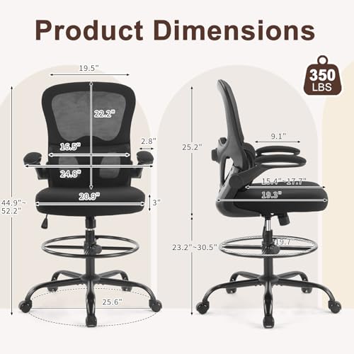 Image of Karl home Ergonomic Drafting Chair, Black | Lumbar Support, Flip-Up Armrests, Adjustable Height Footrest Ring, Breathable Mesh, Tall Swivel