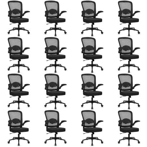 Image of KLASIKA Desk Chairs with Wheels, Ergonomic Mesh Back Home Office Chair Adjustable Lumbar Support & Height Swivel Rolling Computer Task Chairs with Flip Up Armrests for Conference Meeting, Black, 16PK