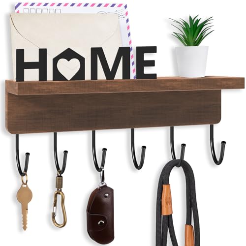 FIPUTE Key Holder for Wall, Decorative Key and Mail Holder with Shelf, Wall Mounted Entryway Organizer, Rustic Farmhouse Home Decor (Brown Home)