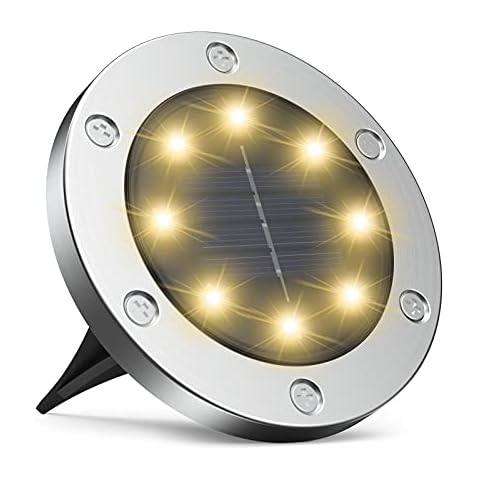 infray Solar Ground Lights, 1 Piece Upgraded 8 LED Solar Disk Lights Outdoor IP65 Waterproof Garden Light, Solar In-Ground Light Warm White for Garden Pathway Patio Cover