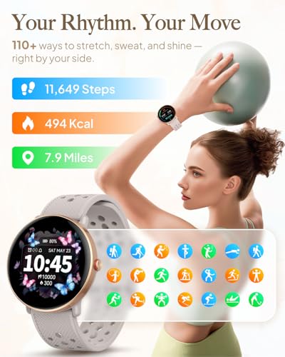 Image of Smart Watch for Women Men, for Android iOS with Sleep & Calorie Monitor, Pedometer Fitness Tracker, Bluetooth Call, IP68 Waterproof, 112+ Sport Modes Round Face Smartwatch (Gold-Gray)