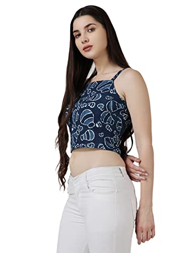 Image of POPWINGS Women Casual Bagru Print Crish Cross Back Pom Pom Crop Top for Women || Sleeveless Summer Crop Top for Women || Square Neck Stylish Pom Pom Women Top