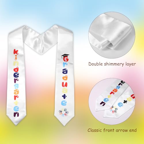 BOXOB Kids Graduation Stole, Double Sided Shiny Kindergarten Printed Graduate Sash Satin Preschool Graduation Stole with Colorful Words (White)3