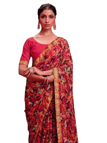 Image of SIRIL Women's Chiffon Printed Saree With Unstitched Blouse Piece