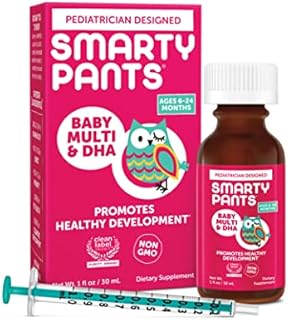 SmartyPants Baby Multi & DHA Liquid Multivitamin: Vitamin C, D3, E, Gluten Free, Choline, Lutein, for Infants 6-24 Months, Immune Support, Includes Syringe, Natural Fruit Flavor (30 Day Supply)