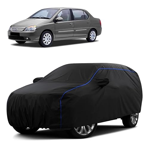 Image of Sulfar 100% Water Resistant Car Body Cover Compatible with Mirror for Tata Indigo XL (Triple Stitched, Full Bottom Elastic, Black Tafetta with Blue Piping)