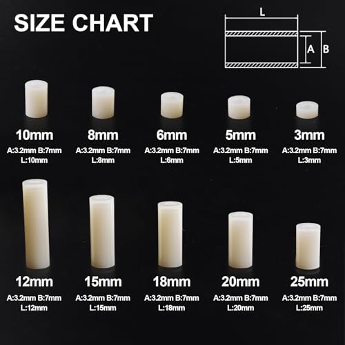 Image of Exqutoo White ABS Round Washers ID 3.2mm, OD 7mm, 3mm 5mm 6mm 8mm 10mm 12mm 15mm 18mm 20mm 25mm Length, Assortment Kit, Non-Threaded, Suitable for M3 Screws Hardware Spacer Bracket