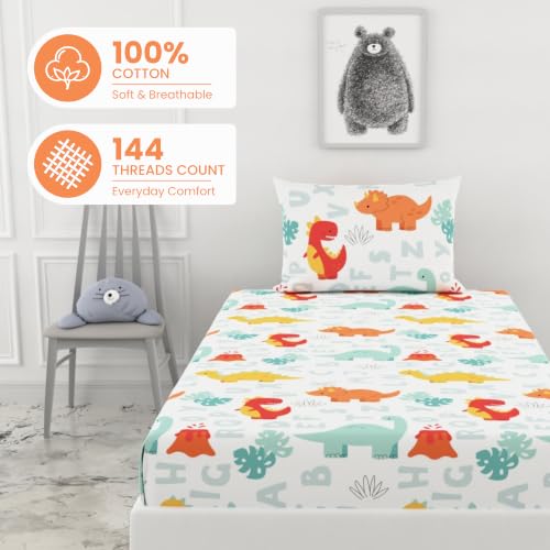 Image of LORETO - A QUALITY LINEN BRAND 144 TC 100% Pure Cotton Single Fitted Bedsheet with 1 Pillow Cover for 72 x 36 Inch Mattress, All-Around Elastic, 8 Inch Deep Pocket, Orange & Mint Alphabet Dino Play