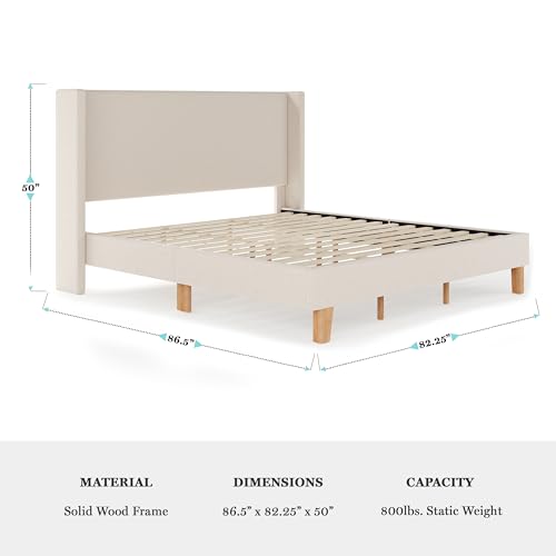 Image of Martha Stewart Maisie King Wingback Upholstered Platform Bed, Beige | Cushioned Siderails, Wood Slat Foundation, No Box Spring Needed