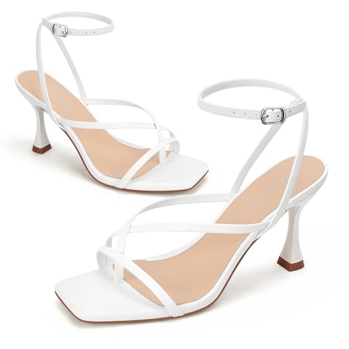 Image of Women's Strappy High Heels Sandals Square Open Toe Ankle Strap Slingback Thong Stilettos Shoes for Wedding