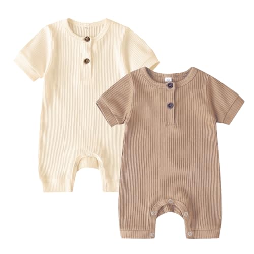 Image of Bafeicao Baby Boy Girl 2/3 Pack Solid Romper Ribbed Short/Long Sleeve Bodysuit Jumpsuit Infant Knitted Outfits Clothes