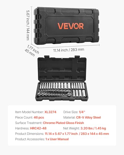 Image of VEVOR Socket Set, 46 Pieces, 1 /4 inch Drive Socket Tool Set, SAE and Metric Size, Deep and Standard, Mechanic Tool Kit with Storage Case, Chrome Plated CR-V Alloy Steel, for Automotive Repair