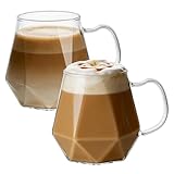 ANZHAN Lot de 2 verres à café de 300 ml en verre borosilicate résistant à la chaleur avec anse design diamant, idéal pour latte macchiato, expresso, cappuccino et lait, jus, bière, verres à thé (2