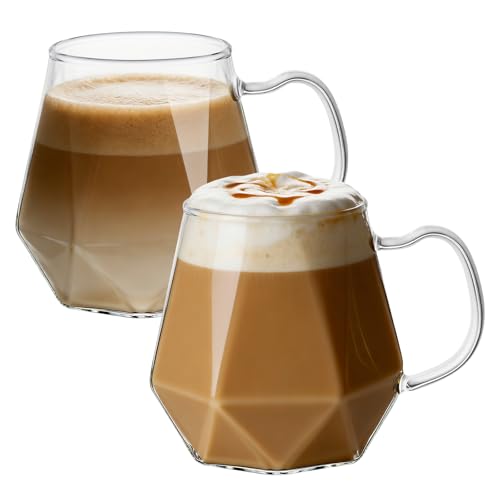ANZHAN Lot de 2 verres à café de 300 ml en verre borosilicate résistant à la chaleur avec anse design diamant, idéal pour latte macchiato, expresso,...