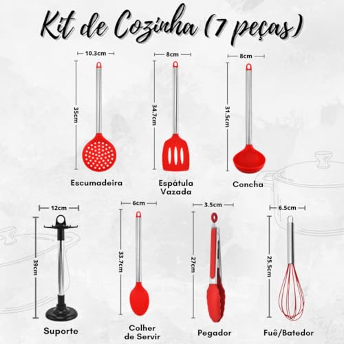 Kit Utensílios de Cozinha Silicone C/Cabo de Inox Jogo Completo 7 Peças Colher Concha Escumadeira Pe