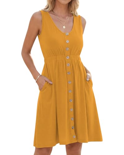 AUSELILY Vestido Mujer Verano Cuello en V Sin Mangas Largo hasta la Rodilla Cintura Elástica Botones Decorativos Vestidos Informal con Bolsillos Amarillo S