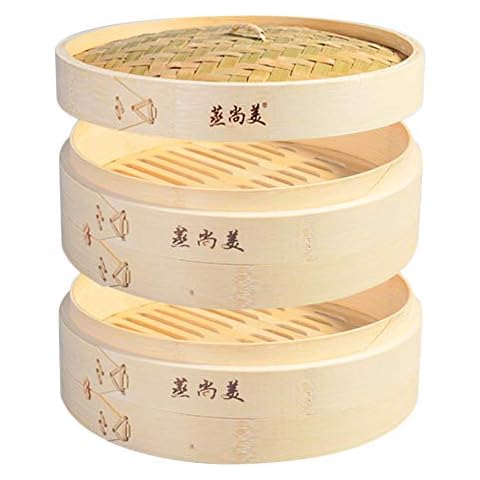 Hcooker 2 Tier Kitchen Bamboo Steamer Basket for Asian Cooking Buns Dumplings Vegetables Fish Rice Cover