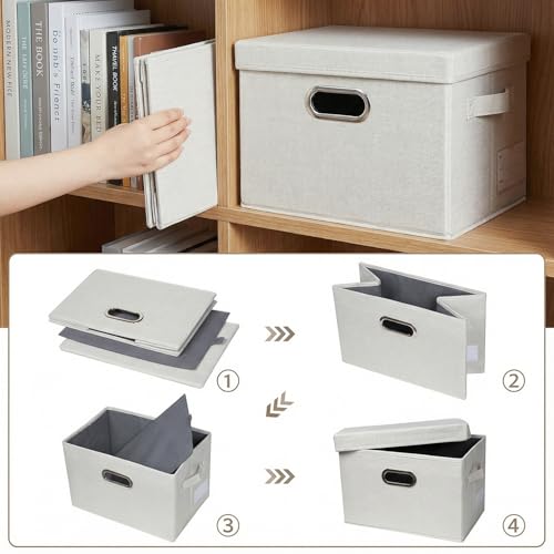 Image of PRANDOM Storage Bins with Lids [3-Pack] Linen Fabric Foldable Storage Boxes Organizer Containers Baskets Cube with Cover for Bedroom Closet Office Beige（11.4X8.6X6.7